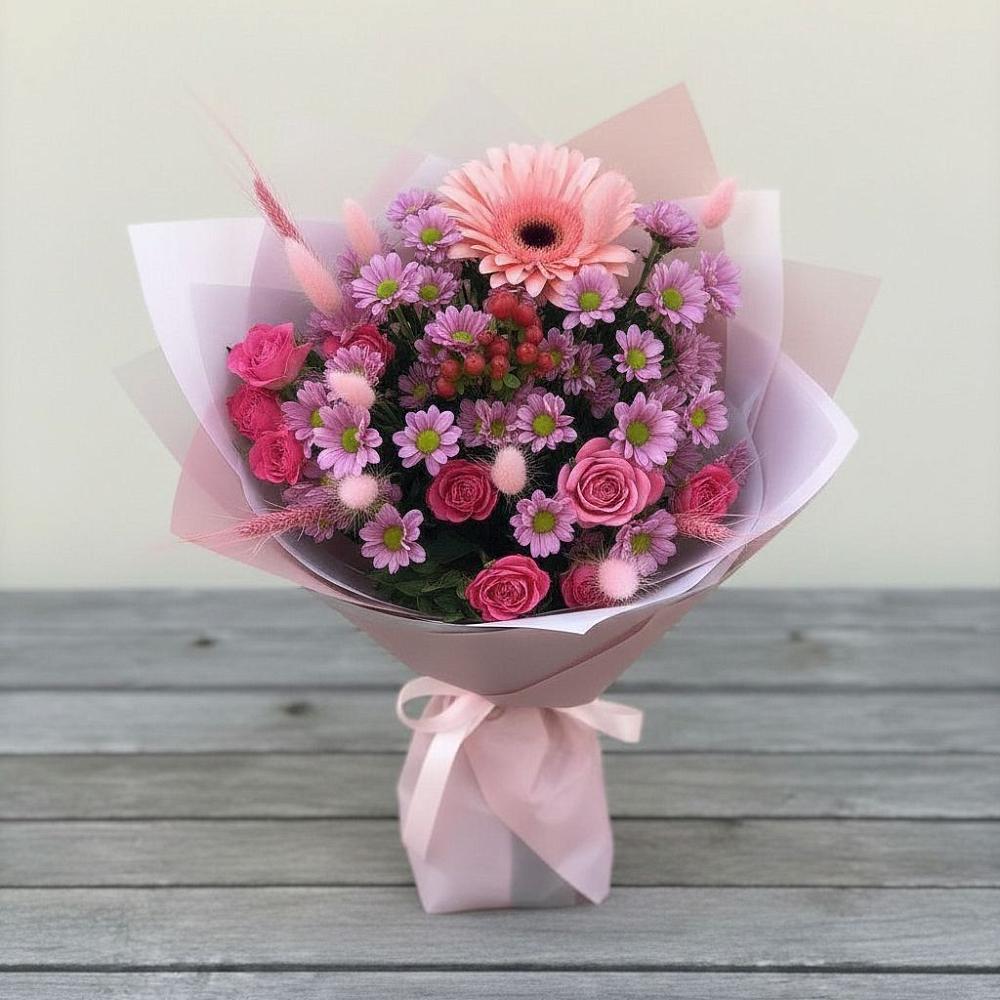 Букет цветов из: Розы, Герберы и Хризантемы в Баговской