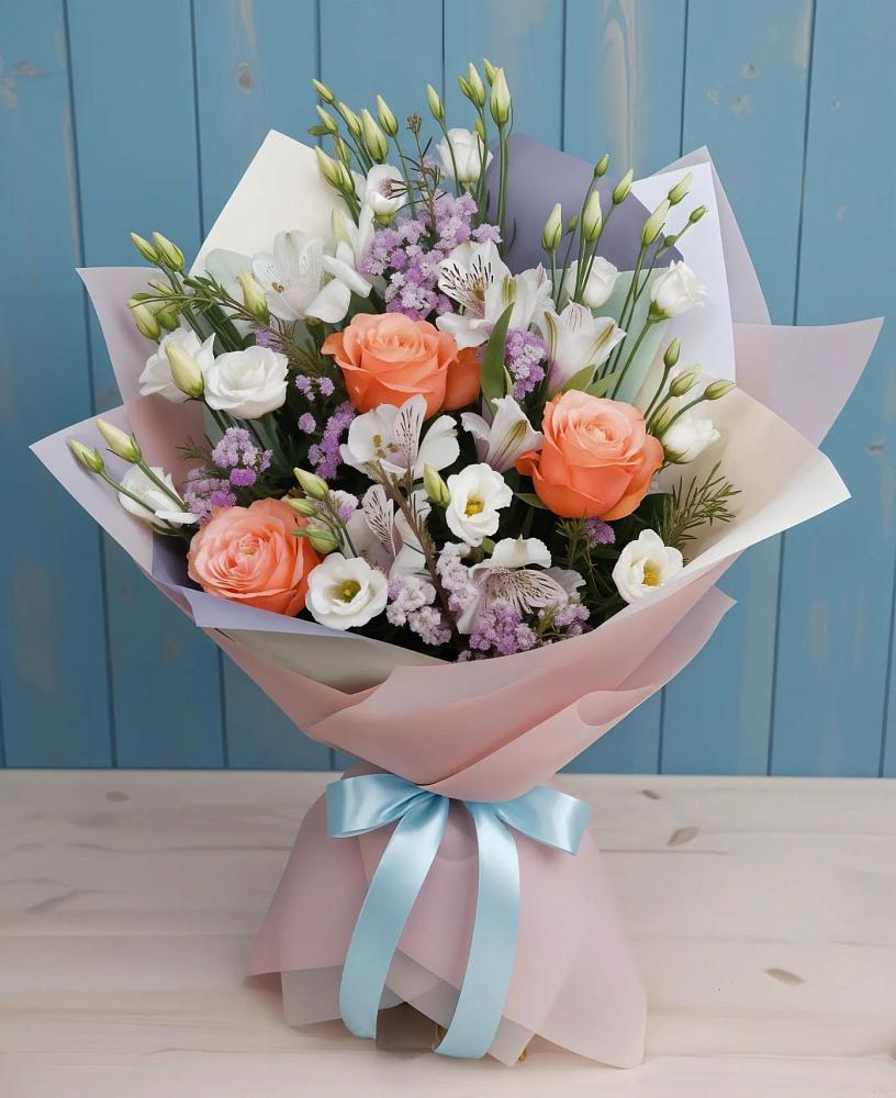 Букет цветов из: Лизиантусы, Розы, Альстромерии и Гипсофила в Баговской