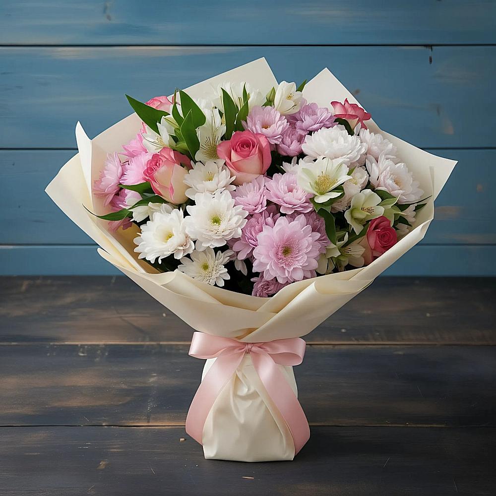 Букет цветов из: Хризантемы, Альстромерии и Розы в Баговской